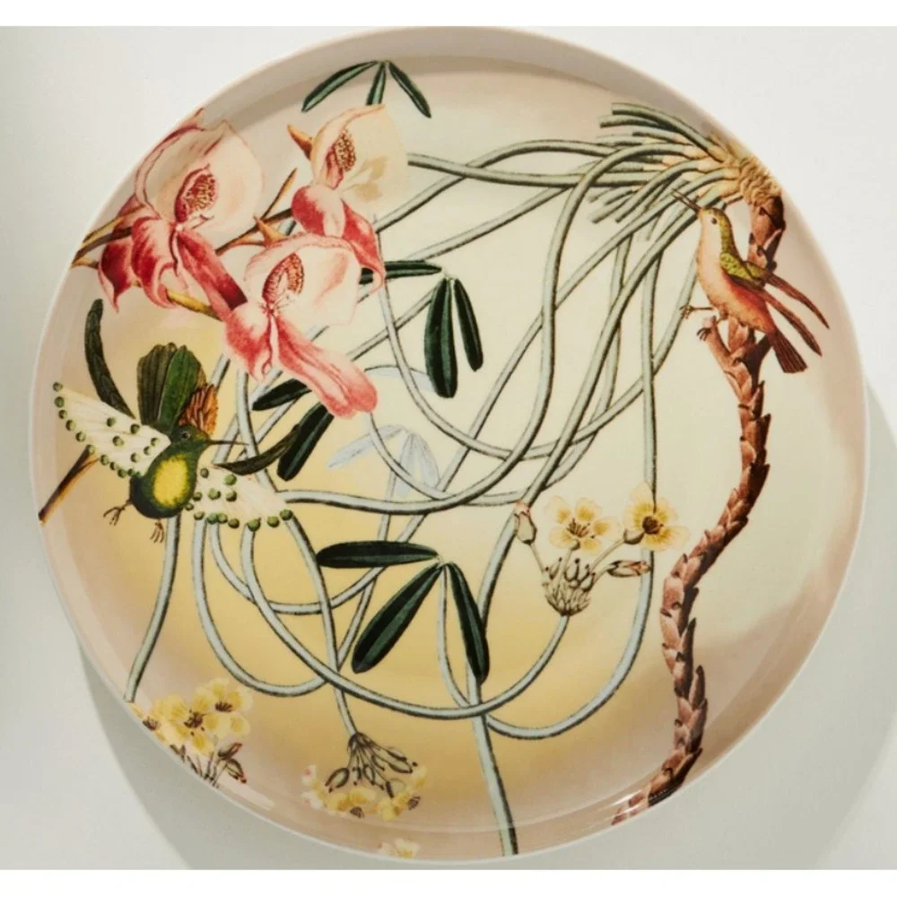 Anthropologie Orchid Dessert Plate Botanical Birds‎ Hummingbird Coral Gorgeous